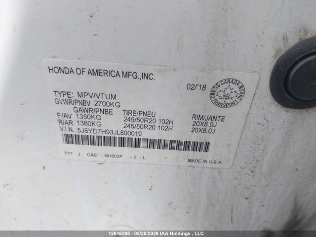 12616295 :رقم المزاد ، 5J8YD7H93JL800019 vin ، 2018 Acura Mdx Sport Hybrid مزاد بيع