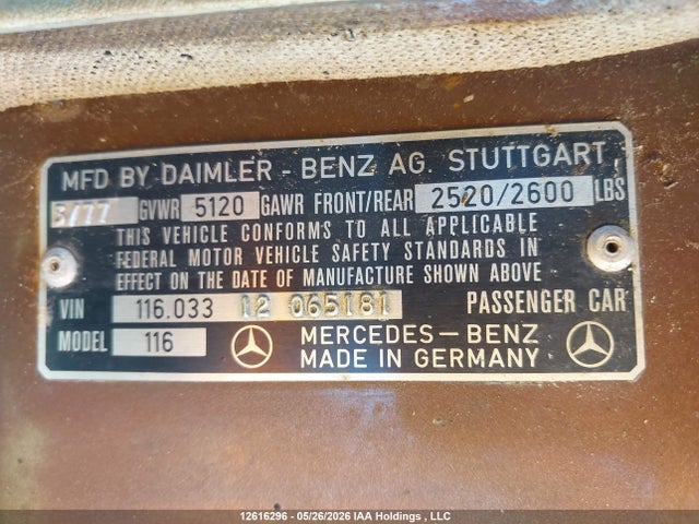 12616296 :رقم المزاد ، 12065181 vin ، 1977 Mercedes-benz  مزاد بيع