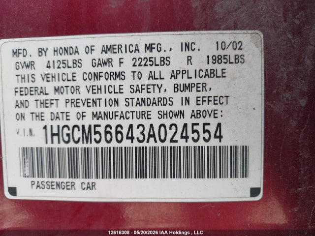 Продажа на аукционе авто 2003 Honda Accord Ex, vin: 1HGCM56643A024554, номер лота: 12616308