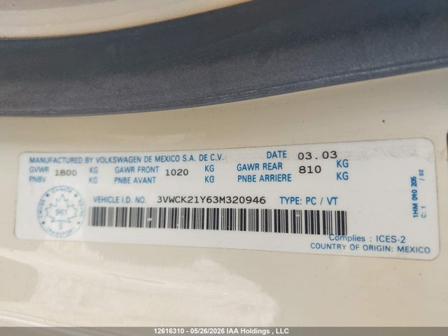 12616310 :رقم المزاد ، 3VWCK21Y63M320946 vin ، 2003 Volkswagen New Beetle Gls مزاد بيع
