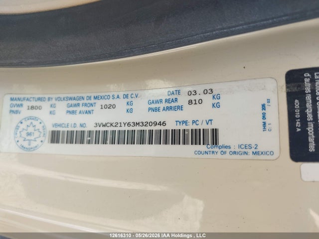 12616310 :رقم المزاد ، 3VWCK21Y63M320946 vin ، 2003 Volkswagen New Beetle Gls مزاد بيع