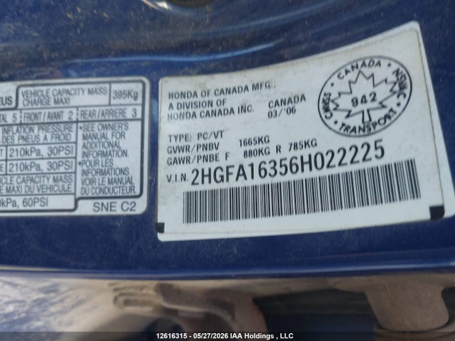 Aukcja sprzedaży 2006 Honda Civic Dx-g, vin: 2HGFA16356H022225, numer aukcji: 12616315
