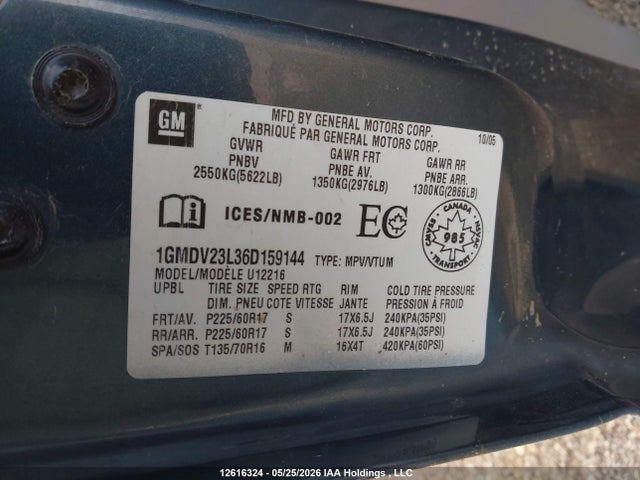 12616324 :رقم المزاد ، 1GMDV23L36D159144 vin ، 2006 Pontiac Montana Sv6 Fwd/uplevel مزاد بيع