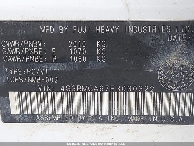 Auction sale of the 2014 Subaru Legacy 2.5i, vin: 4S3BMGA67E3030322, lot number: 12616325