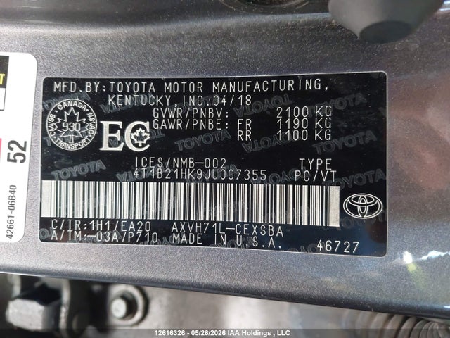 Aukcja sprzedaży 2018 Toyota Camry Hybrid Se, vin: 4T1B21HK9JU007355, numer aukcji: 12616326