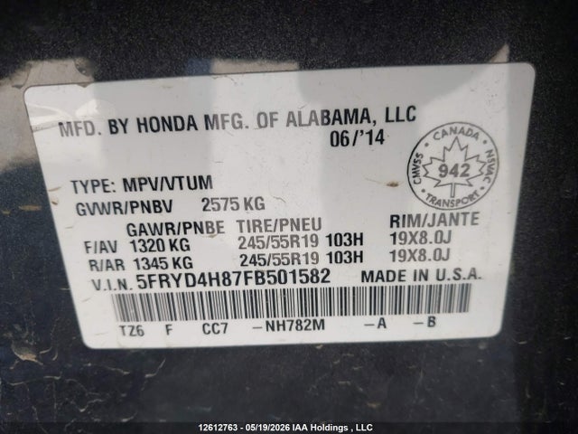 12612763 :رقم المزاد ، 5FRYD4H87FB501582 vin ، 2015 Acura Mdx Elite Package مزاد بيع