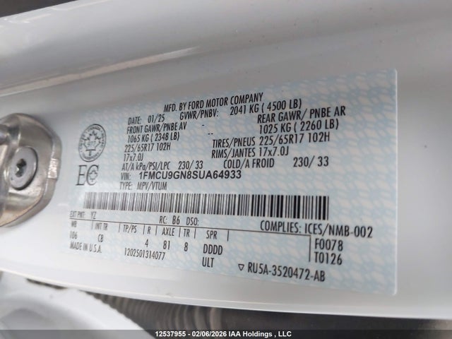 Продажа на аукционе авто 2025 Ford Escape Active, vin: 1FMCU9GN8SUA64933, номер лота: 12537955