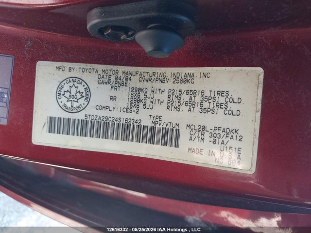 2004 Toyota Sienna Ce მანქანა იყიდება აუქციონზე, vin: 5TDZA29C24S162342, აუქციონის ნომერი: 12616332