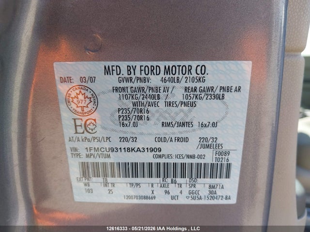 12616333 :رقم المزاد ، 1FMCU93118KA31909 vin ، 2008 Ford Escape Xlt مزاد بيع
