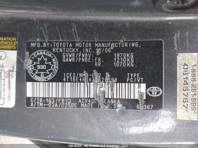 12616335 :رقم المزاد ، 4T1BE46K47U628698 vin ، 2007 Toyota Camry Ce/le/xle/se مزاد بيع