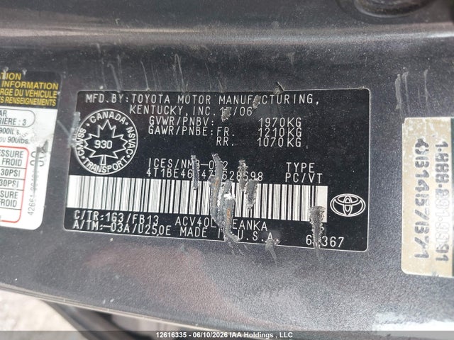 12616335 :رقم المزاد ، 4T1BE46K47U628698 vin ، 2007 Toyota Camry Ce/le/xle/se مزاد بيع