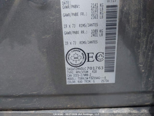 Продаж на аукціоні авто 2020 Nissan Rogue S/sl/sv, vin: 5N1AT2MV0LC701763, номер лоту: 12616342