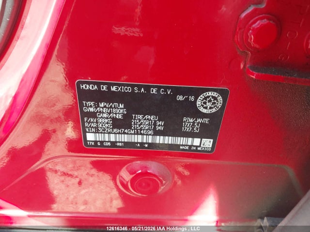 Продаж на аукціоні авто 2016 Honda Hr-v Exl, vin: 3CZRU6H74GM114696, номер лоту: 12616346