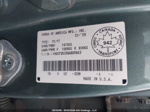 2009 Honda Accord Lx მანქანა იყიდება აუქციონზე, vin: 1HGCP26339A805943, აუქციონის ნომერი: 12616356