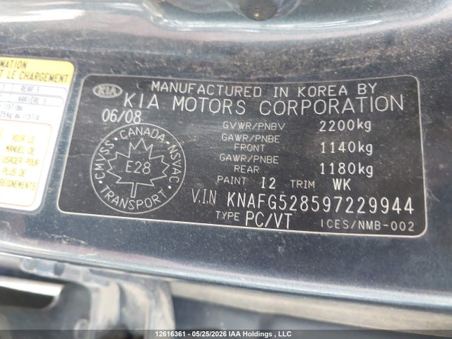 12616361 :رقم المزاد ، KNAFG528597229944 vin ، 2009 Kia Rondo Lx/ex مزاد بيع