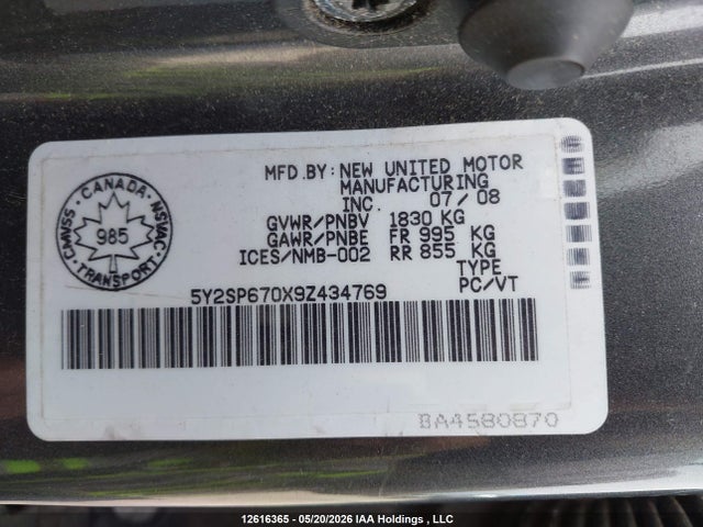 2009 Pontiac Vibe მანქანა იყიდება აუქციონზე, vin: 5Y2SP670X9Z434769, აუქციონის ნომერი: 12616365