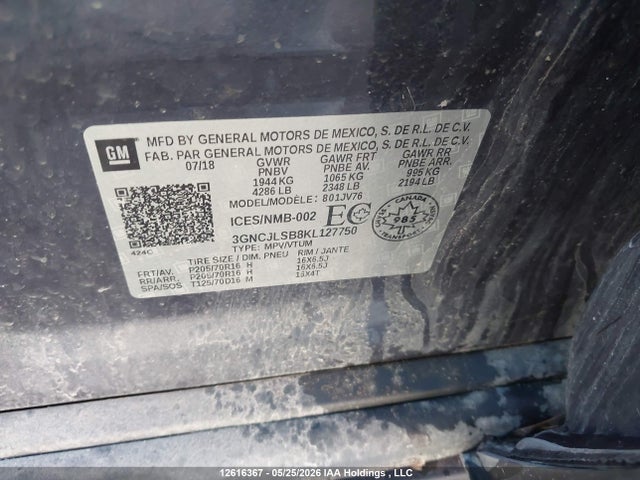 Продаж на аукціоні авто 2019 Chevrolet Trax 1lt, vin: 3GNCJLSB8KL127750, номер лоту: 12616367