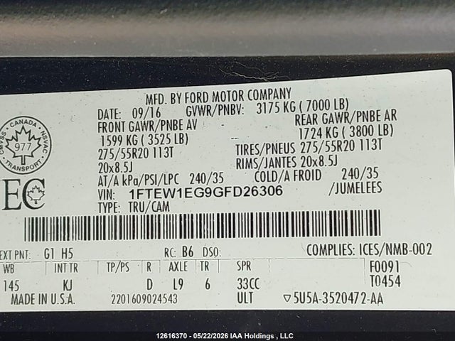 1FTEW1EG9GFD26306 Ford F150 Supercrew