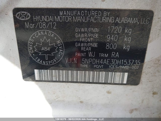 Aukcja sprzedaży 2013 Hyundai Elantra Gls/limited, vin: 5NPDH4AE3DH153735, numer aukcji: 12616378