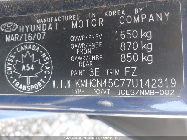 Продаж на аукціоні авто 2007 Hyundai Accent Gl/gls, vin: KMHCN45C77U142319, номер лоту: 12616383