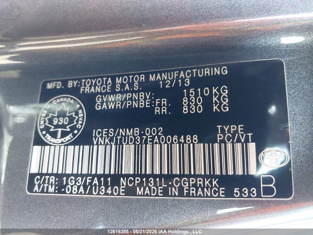 Aukcja sprzedaży 2014 Toyota Yaris Ce, vin: VNKJTUD37EA006488, numer aukcji: 12616385