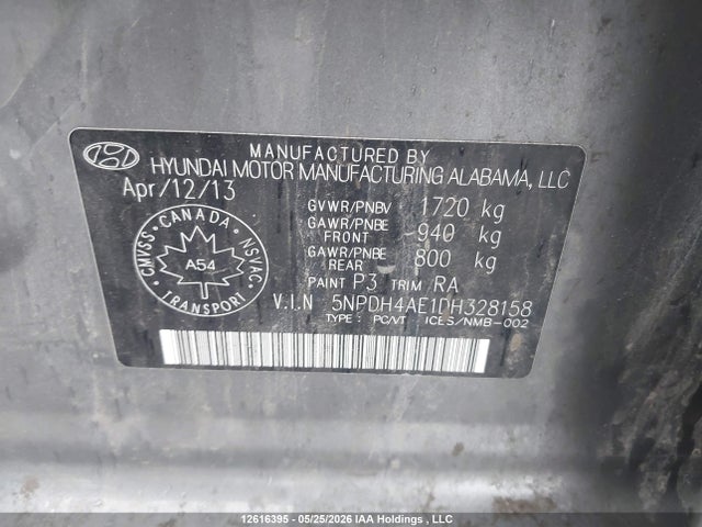 12616395 :رقم المزاد ، 5NPDH4AE1DH328158 vin ، 2013 Hyundai Elantra Gls مزاد بيع