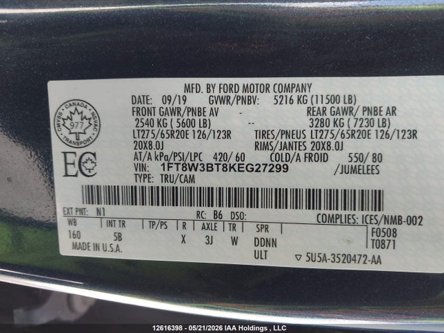 12616398 :رقم المزاد ، 1FT8W3BT8KEG27299 vin ، 2019 Ford F350 Super Duty مزاد بيع