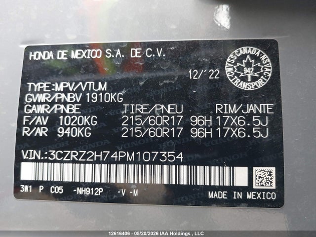 12616406 :رقم المزاد ، 3CZRZ2H74PM107354 vin ، 2023 Honda Hr-v Ex-l Navi مزاد بيع