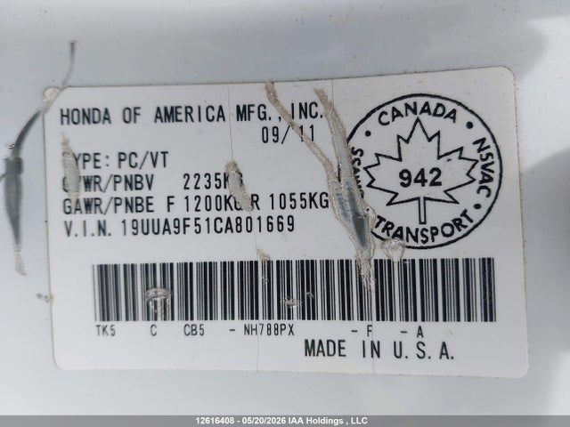 Aukcja sprzedaży 2012 Acura Tl, vin: 19UUA9F51CA801669, numer aukcji: 12616408
