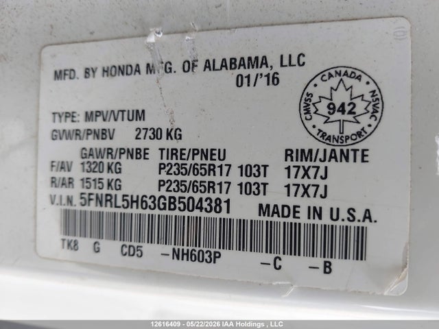 5FNRL5H63GB504381 Honda ODYSSEY EXL