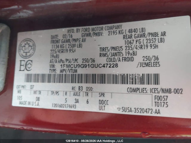 12616410 :رقم المزاد ، 1FMCU9G91GUC47228 vin ، 2016 Ford Escape Se مزاد بيع