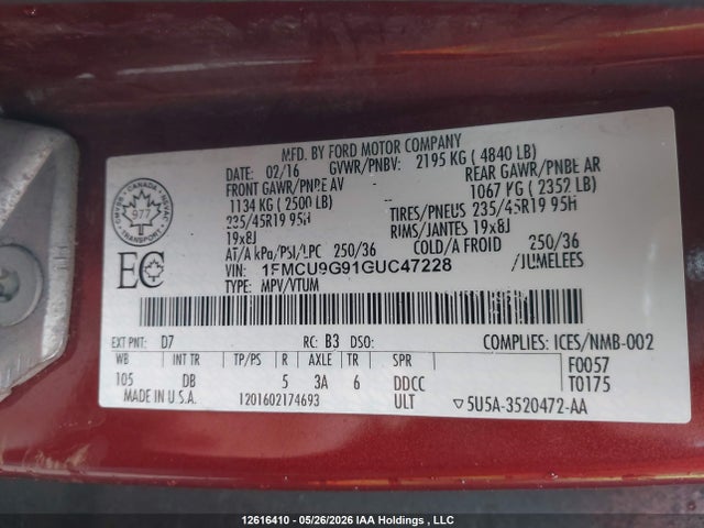 12616410 :رقم المزاد ، 1FMCU9G91GUC47228 vin ، 2016 Ford Escape Se مزاد بيع