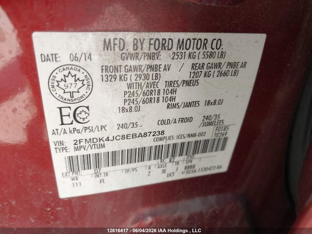 2FMDK4JC8EBA87238 Ford EDGE SEL