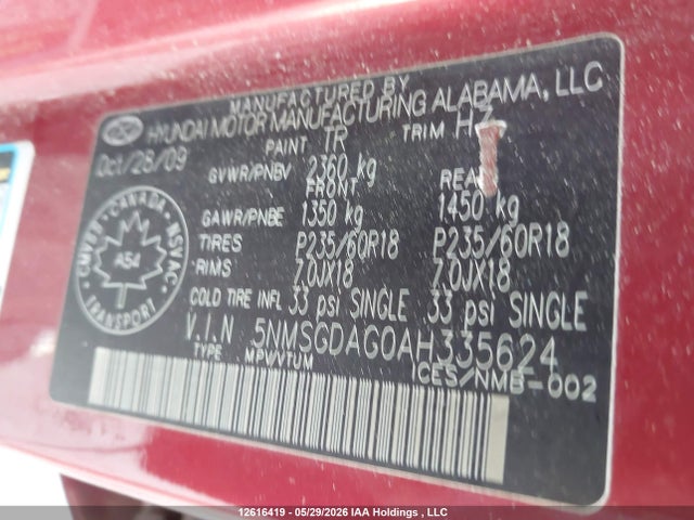 12616419 :رقم المزاد ، 5NMSGDAG0AH335624 vin ، 2010 Hyundai Santa Fe Gls مزاد بيع