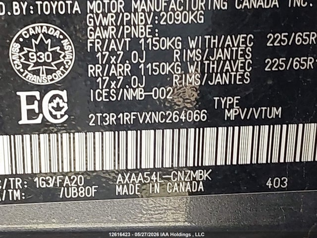 12616423 :رقم المزاد ، 2T3R1RFVXNC264066 vin ، 2022 Toyota Rav4 Xle مزاد بيع