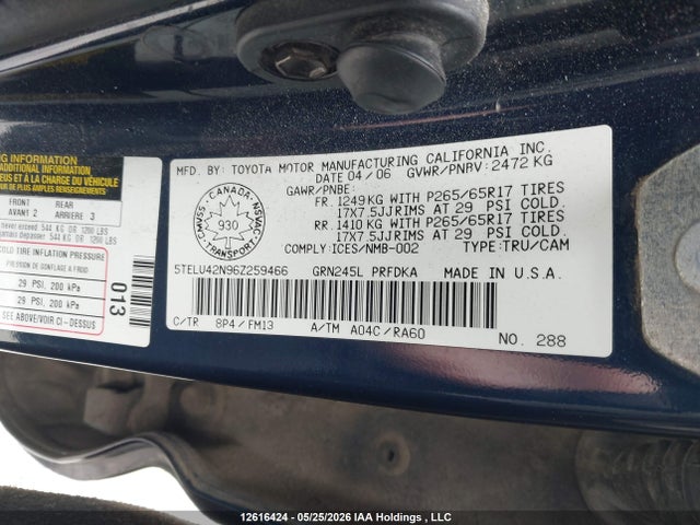 12616424 :رقم المزاد ، 5TELU42N96Z259466 vin ، 2006 Toyota Tacoma Double Cab مزاد بيع