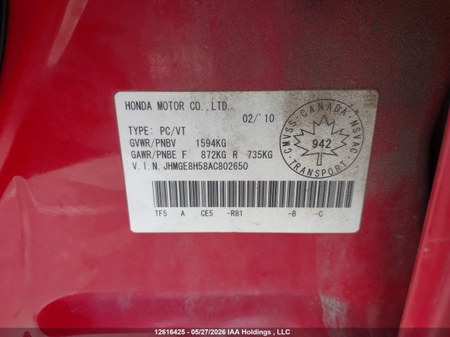 2010 Honda Fit Lx მანქანა იყიდება აუქციონზე, vin: JHMGE8H58AC802650, აუქციონის ნომერი: 12616425