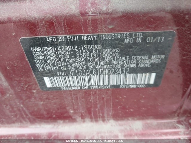 2013 Subaru Impreza Premium მანქანა იყიდება აუქციონზე, vin: JF1GJAC61DH023432, აუქციონის ნომერი: 12616427