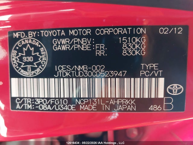 2012 Toyota Yaris მანქანა იყიდება აუქციონზე, vin: JTDKTUD30CD523947, აუქციონის ნომერი: 12616434