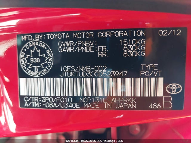 2012 Toyota Yaris მანქანა იყიდება აუქციონზე, vin: JTDKTUD30CD523947, აუქციონის ნომერი: 12616434