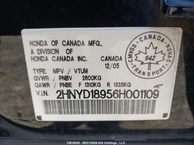12616435 :رقم المزاد ، 2HNYD18956H001109 vin ، 2006 Acura Mdx مزاد بيع