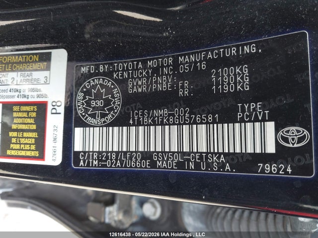 2016 Toyota Camry Xse V6 მანქანა იყიდება აუქციონზე, vin: 4T1BK1FK8GU576581, აუქციონის ნომერი: 12616438