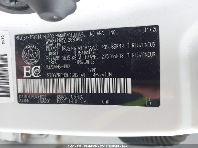 5TDBZRBHXLS502148 Toyota Highlander Le