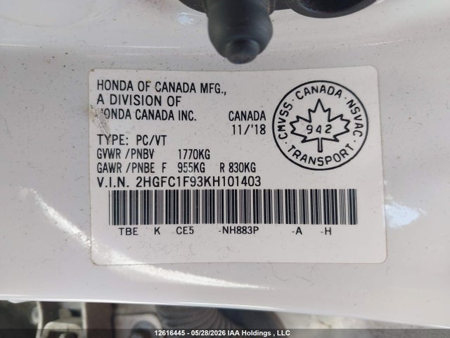 Honda Civic Touring 2019 2HGFC1F93KH101403 Image 9