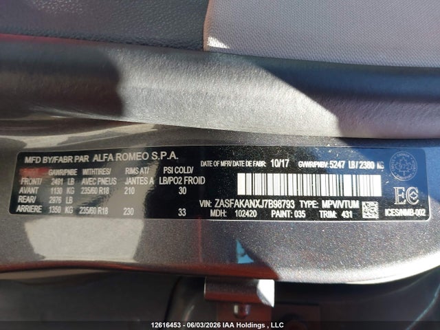 Продаж на аукціоні авто 2018 Alfa Romeo Stelvio, vin: ZASFAKANXJ7B98793, номер лоту: 12616453