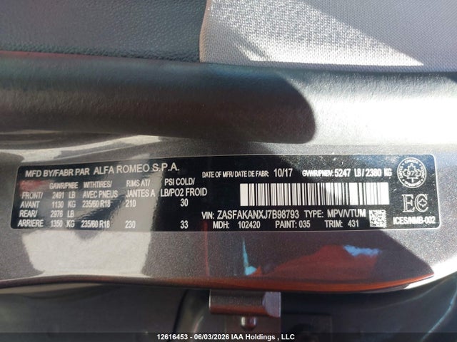 Продаж на аукціоні авто 2018 Alfa Romeo Stelvio, vin: ZASFAKANXJ7B98793, номер лоту: 12616453