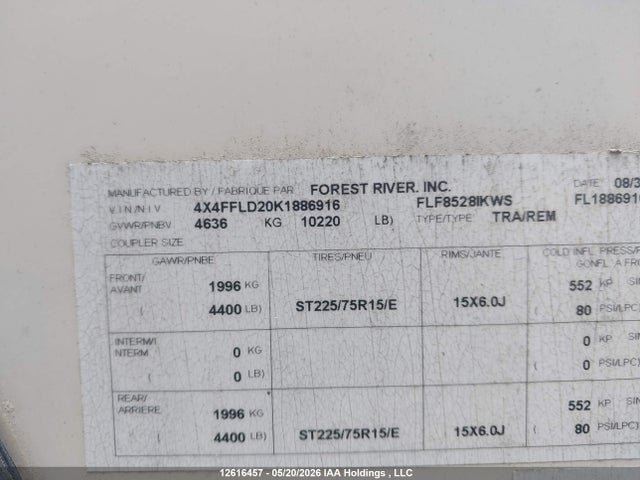 Продажа на аукционе авто 2019 Forest River Forest River, vin: 4X4FFLD20K1886916, номер лота: 12616457