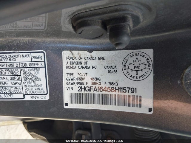 Продаж на аукціоні авто 2008 Honda Civic Dx-g, vin: 2HGFA16458H115791, номер лоту: 12616459