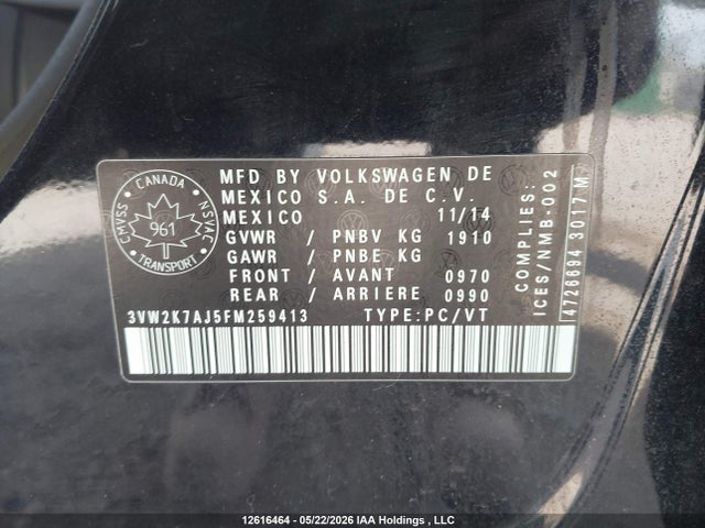 Продаж на аукціоні авто 2015 Volkswagen Jetta 2.0l Trendline/2.0l Trendline+, vin: 3VW2K7AJ5FM259413, номер лоту: 12616464