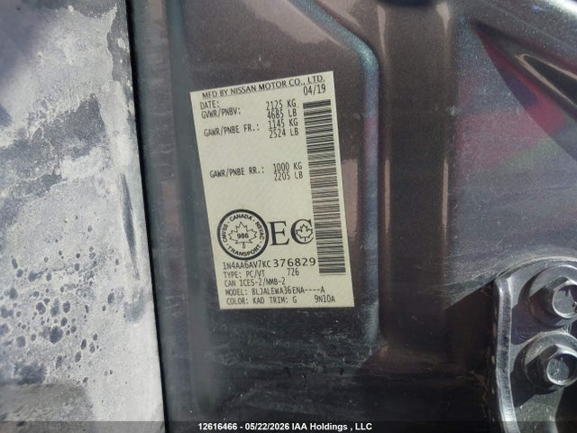 Продажа на аукционе авто 2019 Nissan Maxima Platinum/sl/sr, vin: 1N4AA6AV7KC376829, номер лота: 12616466